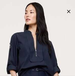 NWT Banana Republic Poplin Zip Popover Top Navy Size Small Fall 2025